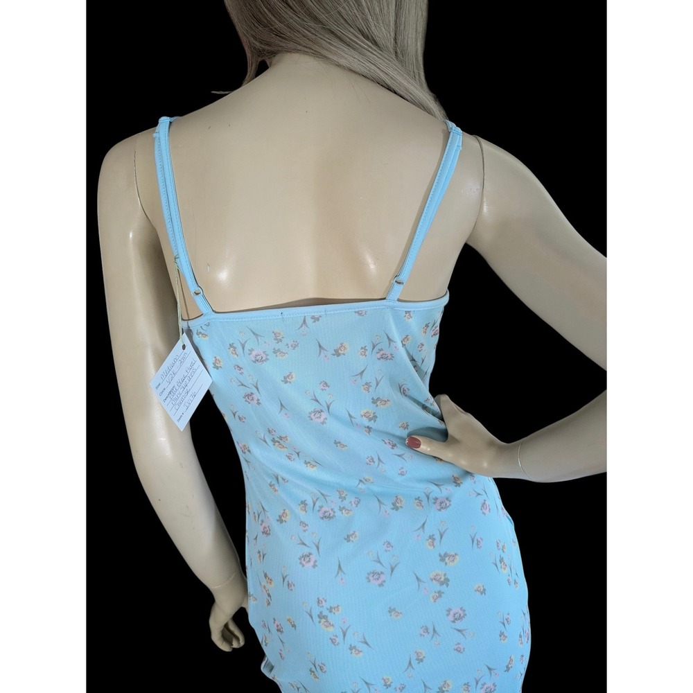 Pale Blue Floral Mini Slip Dress, Rose Print Mesh Overlay, Medium - Picture 6 of 8